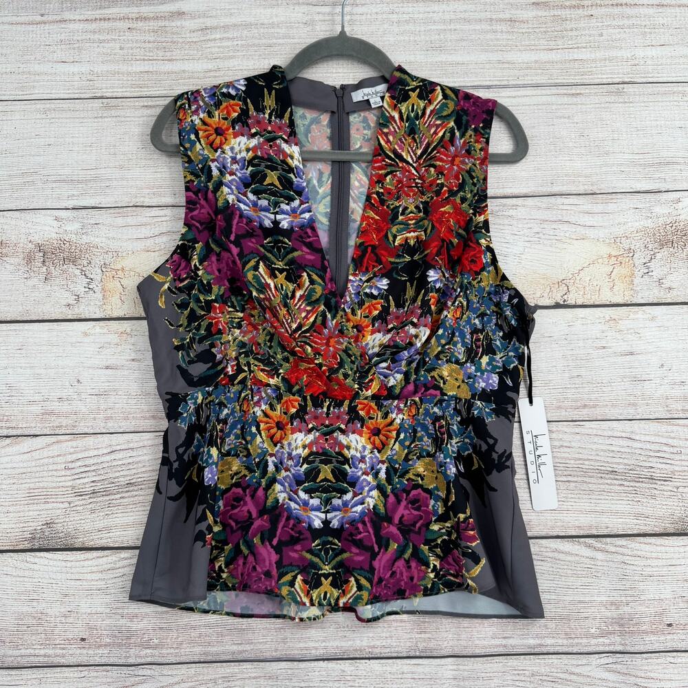 Nicole Miller Studio‎ Floral Sleeveless Blouse Womens Large Gray Multicolor NEW